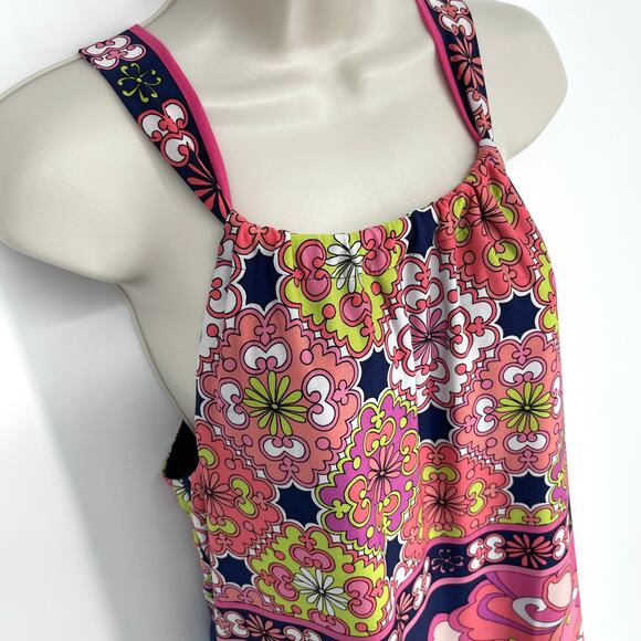 Trina Turk Floral Halter Mini Dress Sz 4 Lined Pink Navy Peach Retro Stretch - Picture 2 of 11